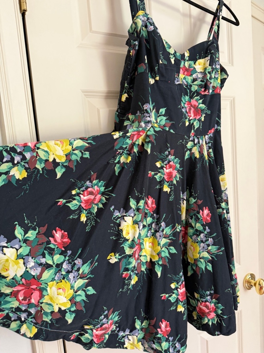 Reteospecd Lush Floral Fit-and-Flare Midi Dress in Black with Pink, Yellow, Blue